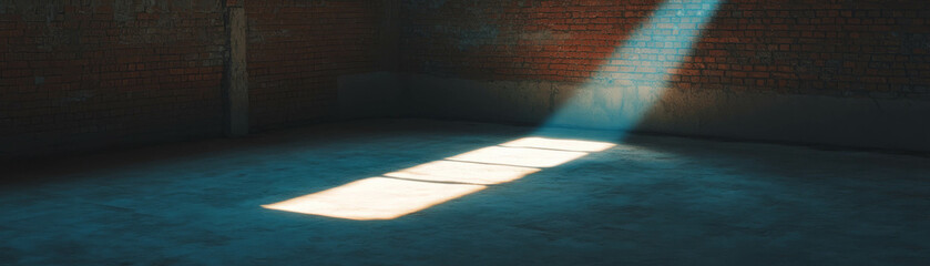 Aufkleber - Bright light beam illuminating an empty room with rough brick walls and stone floor
