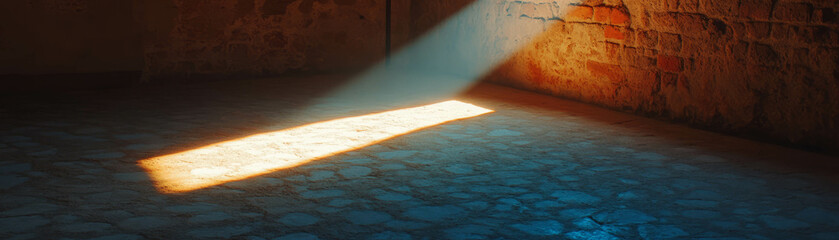 Aufkleber - Light beam highlights empty room with rough brick walls and stone floor