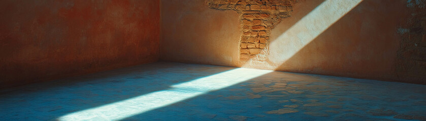 Poster - Empty room with light beam highlighting rough brick walls and stone floor