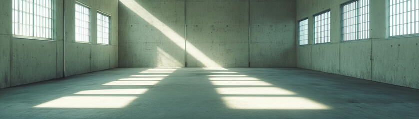 Poster - Bright empty room with smooth concrete surfaces and long light source