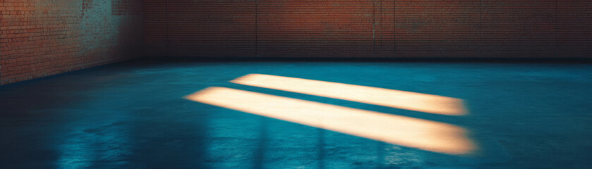 Poster - Dramatic side lighting in an empty room with textured brick walls and polished floor