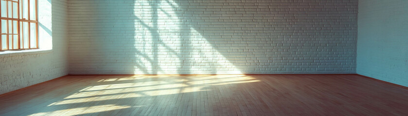 Aufkleber - Bright empty room with white brick walls and wooden flooring for various uses