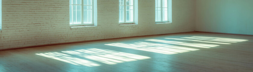 Poster - Bright empty room with white brick walls and wooden floor showcases ample natural light