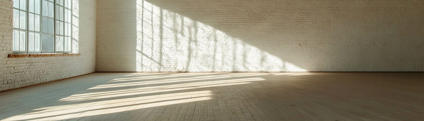 Poster - Bright empty room featuring white brick walls and wooden flooring for versatile use and aesthetics