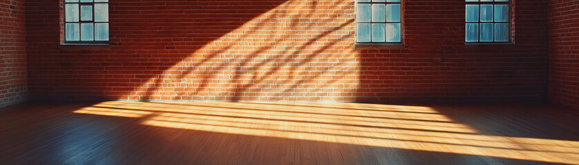 Aufkleber - Bright and empty room with soft lighting and textured brick walls showcasing wooden floors