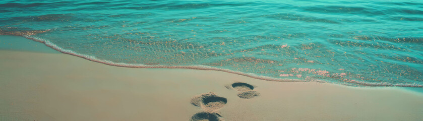 Poster - Footprints leading toward the ocean horizon in wet sand under a bright sky