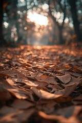 Wall Mural - Autumn leaves blanket a serene forest pathway at dusk