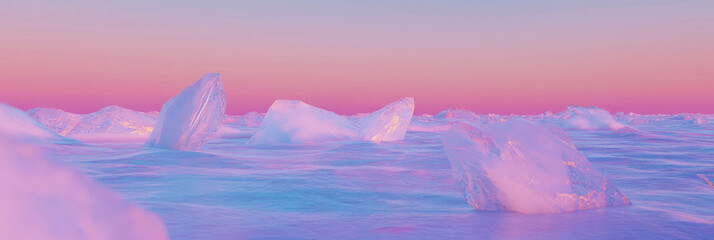Poster - Expansive icy plains with geometric patterns and floating mountains in bright pastel tones