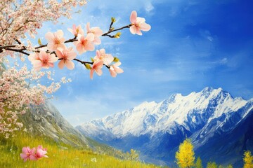 Wall Mural - Blossoming cherry tree branches against majestic mountains under a clear blue sky, nature's beauty, springtime scenery, peaceful landscape concept
