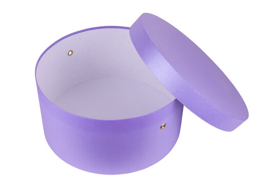 Round, purple gift box with a gross on a white background