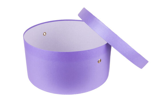 Round, purple gift box with a gross on a white background