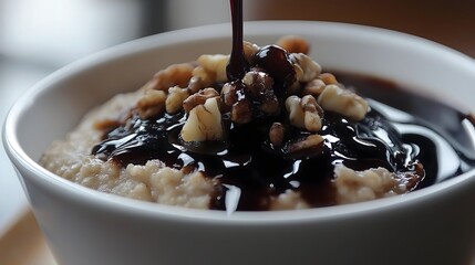 Wall Mural - Oatmeal Dessert With Nuts and Chocolate Syrup Drizzled on Top