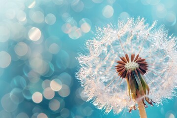 dandelion wet rain drop bokeh light blue background growth transparent softness outdoor