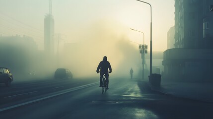 Aufkleber - Cyclist in Foggy City Street at Dawn with Mysterious Atmosphere
