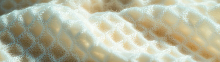 Poster - Macro texture of waffle knit fabric featuring square indentations against a bright background