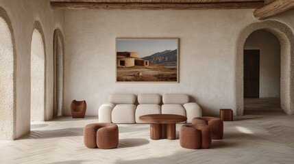 Wall Mural - Stylish Minimalist Living Room Interior with Neutral Tones and Natural Light