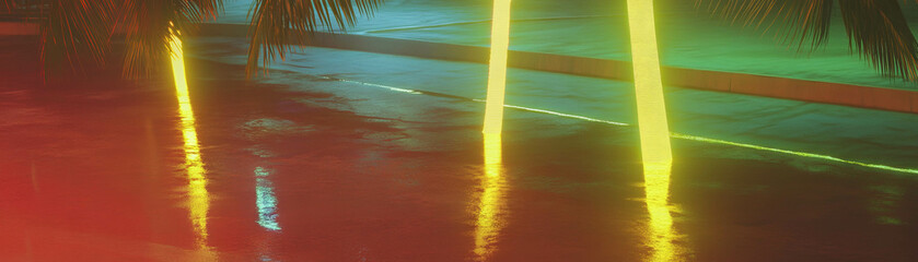 Poster - Vibrant palm tree reflections with neon accents on wet sand during sunset