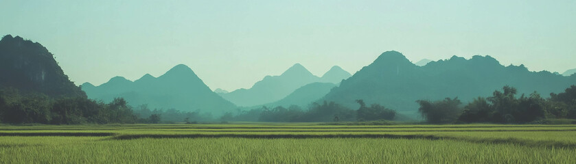 Poster - Expansive rice fields with distant mountains under a bright blue sky