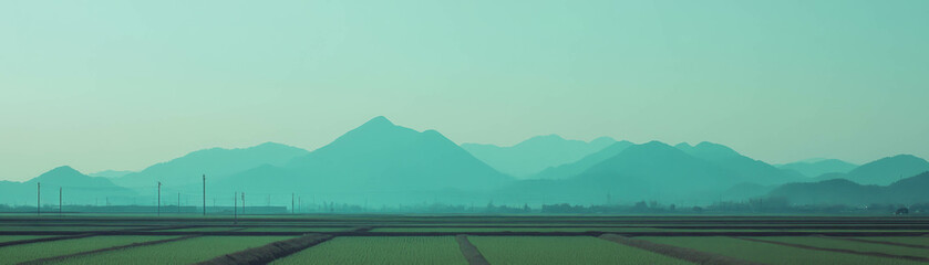 Poster - Rice fields stretch beneath a serene mountain range under a bright blue sky