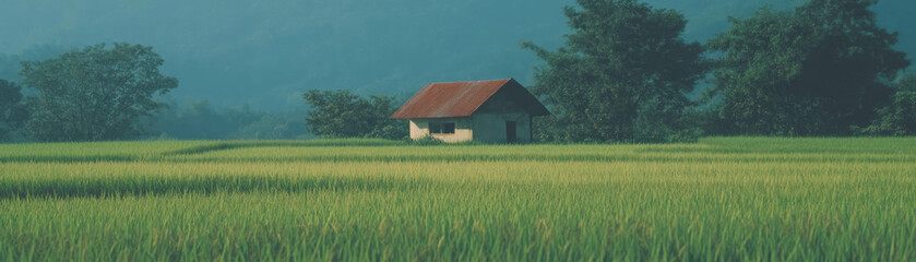 Poster - Lush green rice fields with a distant hut under a clear sky creating a serene landscape