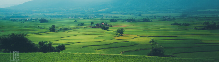 Poster - Lush rice fields showcase traditional village amidst vibrant green countryside landscape