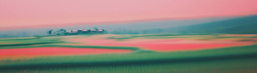 Poster - Vibrant rice fields under a bright red sky with distant village outlines