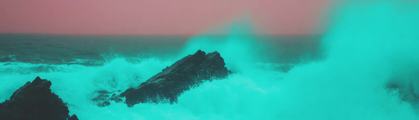 Aufkleber - Rocky outcrop in ocean with crashing waves and vibrant neon blue outlines
