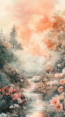 Wall Mural - Serene landscape with flowing river and blooming flowers