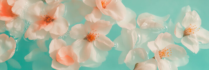 Poster - Sakura petals beautifully arranged on a bright turquoise background for stunning visual appeal