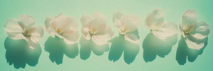 Aufkleber - Sakura petals arranged beautifully against a soft green light background for a tranquil banner