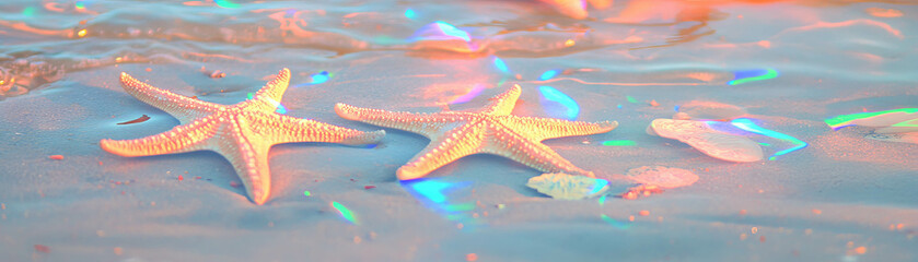 Poster - Starfish and sand dollars on wet sand enhanced by bright neon orange highlights