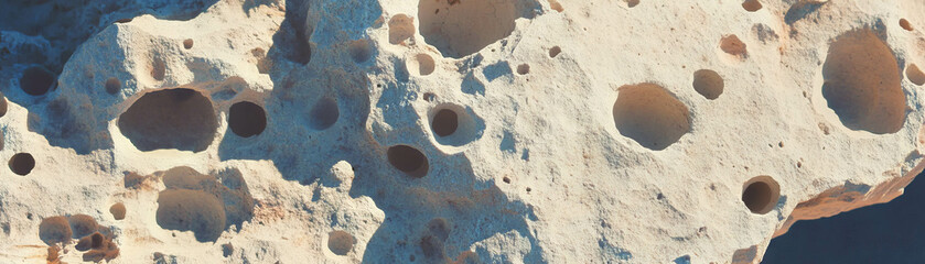 Poster - Surface of pumice stone displays rough texture and distinctive holes against bright background