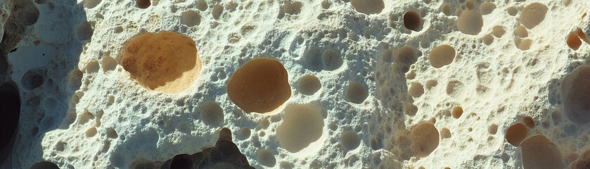 Poster - Surface details of rough pumice stone showcasing textured holes and bright background