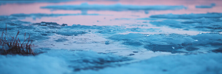 Poster - Surreal frozen tundra with cracked ice and vibrant sky illuminating the landscape