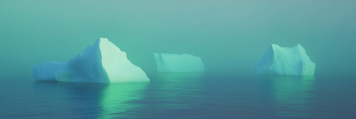 Poster - Surreal landscape of floating icebergs and ethereal light in thick fog creates a dreamlike scene