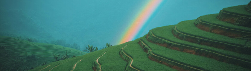 Poster - Terraced rice fields under a vibrant rainbow after a refreshing rain shower