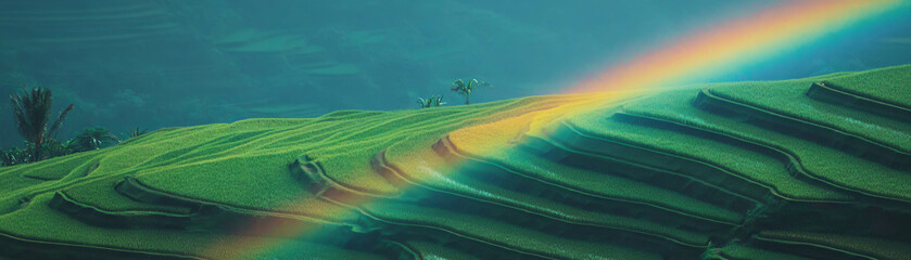 Poster - Terraced rice fields illuminated by a rainbow after a refreshing rain shower