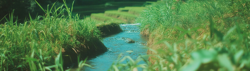 Poster - Terraced rice fields showcasing vibrant greenery and a small stream under bright lighting