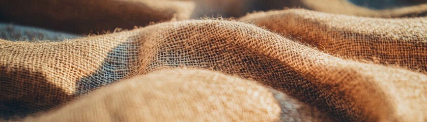 Poster - Close-up view of coarse fibers and texture of burlap sack against bright background