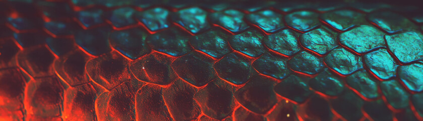 Poster - Detailed texture of reptile skin showcases vibrant scales against bright background