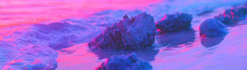 Poster - Textured coral with neon red highlights washed up on a vibrant beach at sunset
