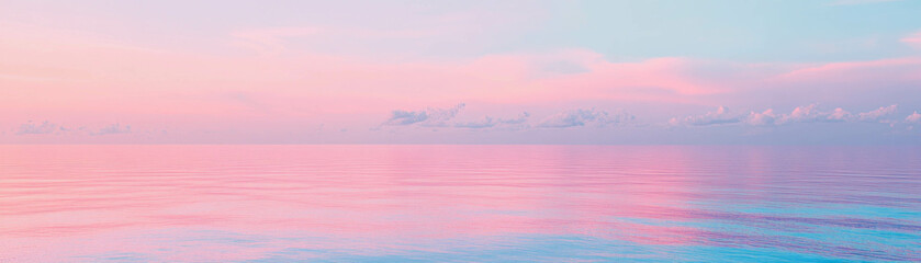 Poster - Vibrant neon blue and pink gradient sky over the serene ocean horizon at twilight