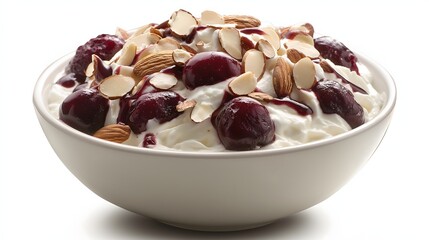 Wall Mural - Bowl of Cottage Cheese Topped with Cherries Almonds and Cherry Sauce