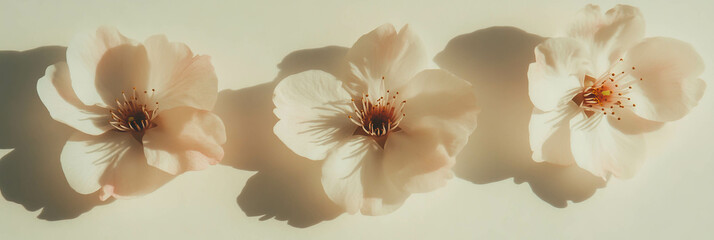 Poster - Sakura petals gracefully arranged on a light beige background for a delicate decor