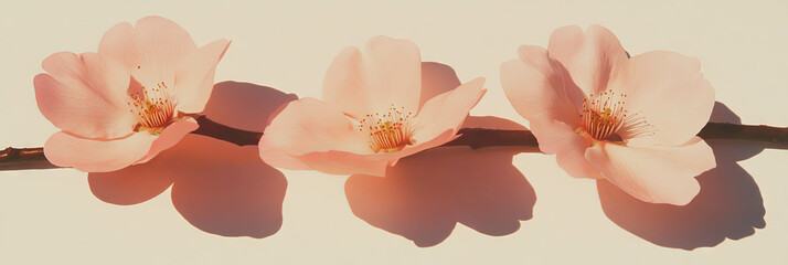 Poster - Sakura petals arranged in a diagonal line on a light beige background for a bright visual effect