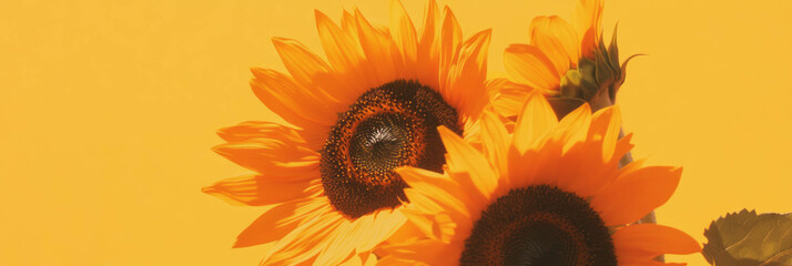 Poster - Bright sunflower heads arranged in a triangular formation on a golden background