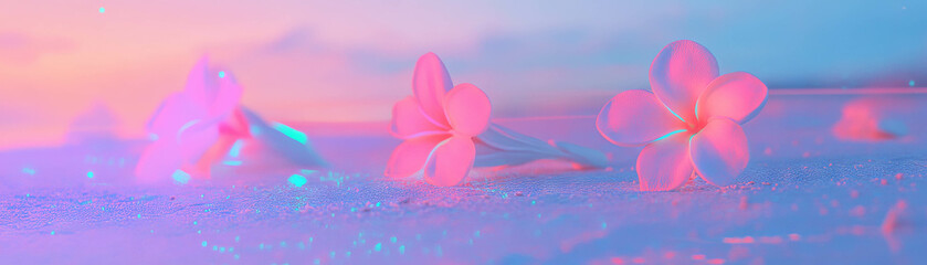 Poster - Tropical flowers with vibrant neon outlines resting on sandy beach at sunset