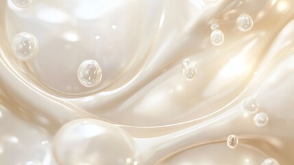 Aufkleber - Mesmerizing abstract background with fluid wavy movements and soft iridescent bubbles or spheres floating in a glowing ethereal environment  The image has a luxurious