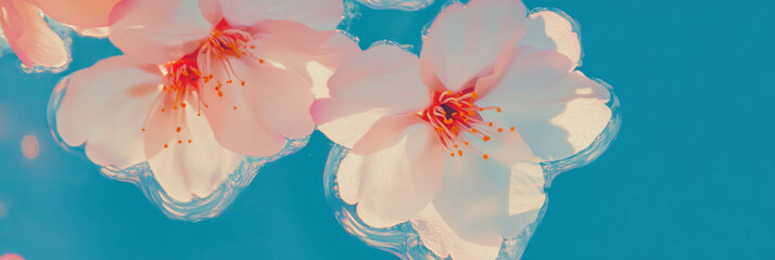 Poster - Bright indigo background highlights two overlapping sakura petals with subtle rotation