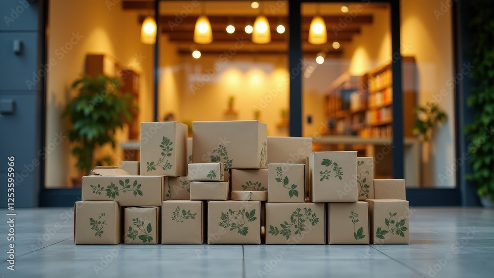 Box Store Background Stack of Boxes Mockup, Storefront background clear view eco-friendly ...